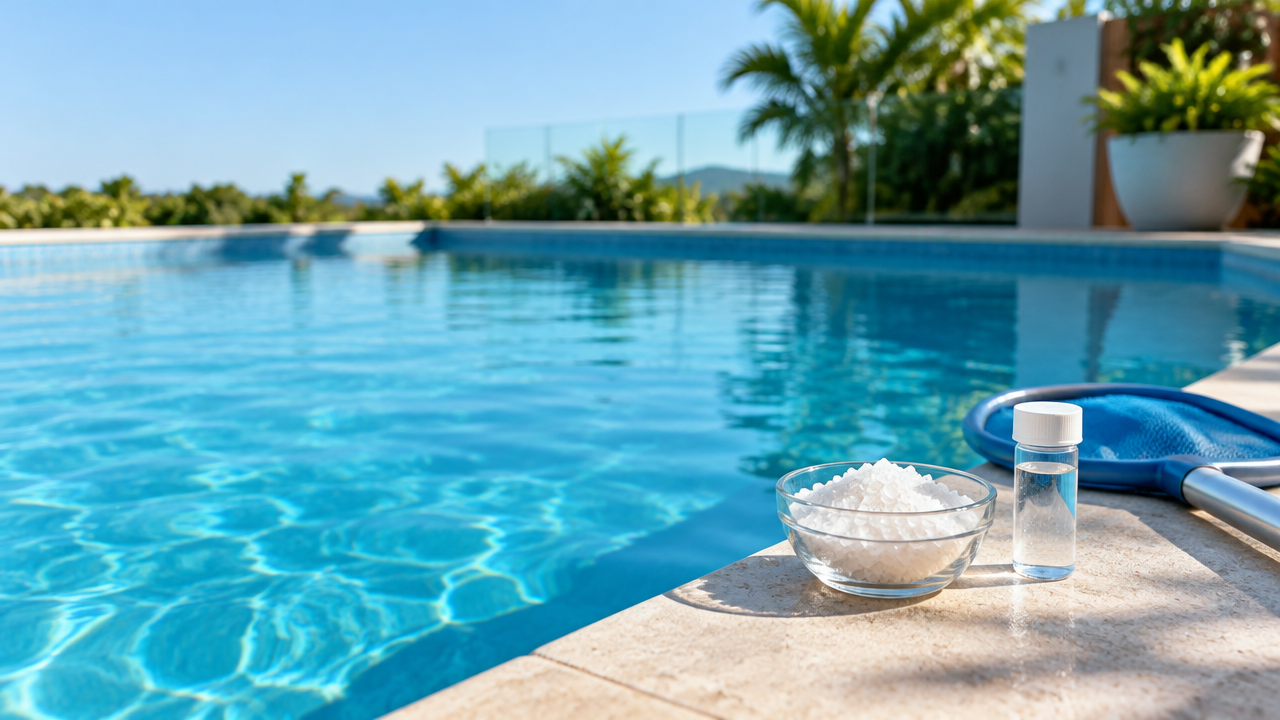 Mineral crystals and a water-testing vial beside a clear Australian backyard pool