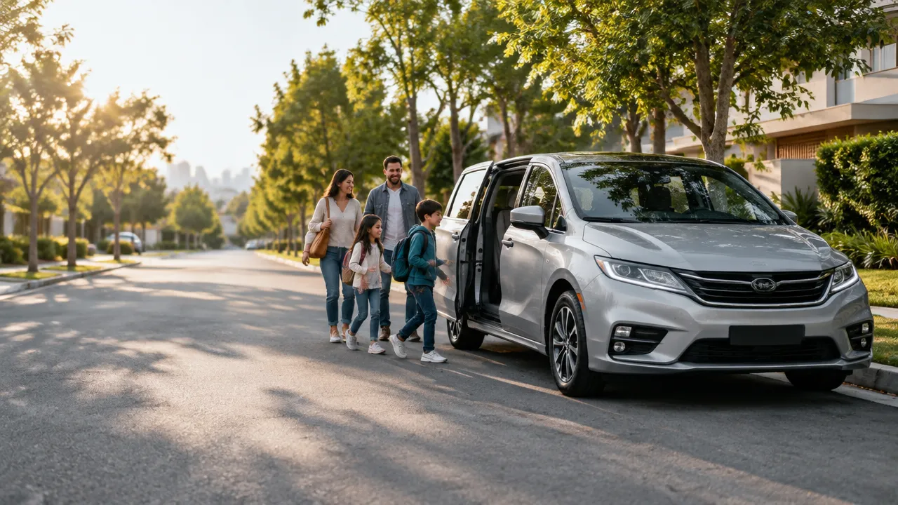 Minivan familiar moderna estacionada em rua arborizada, com família se aproximando