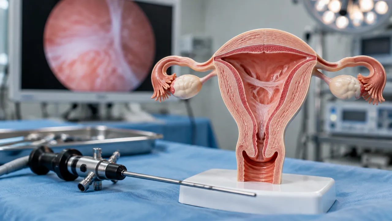 Modelo anatômico do útero com aderências ao lado de instrumento de histeroscopia