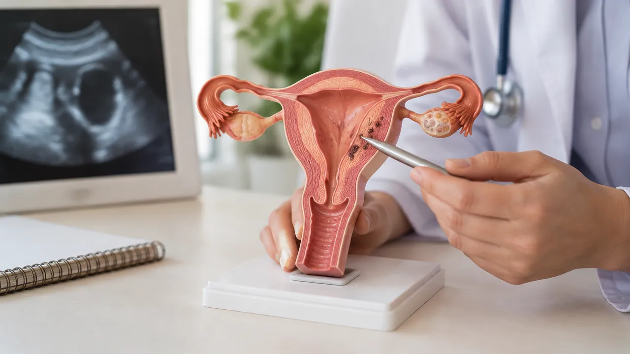 Modelo anatômico do útero usado para explicar a adenomiose durante uma consulta ginecológica.