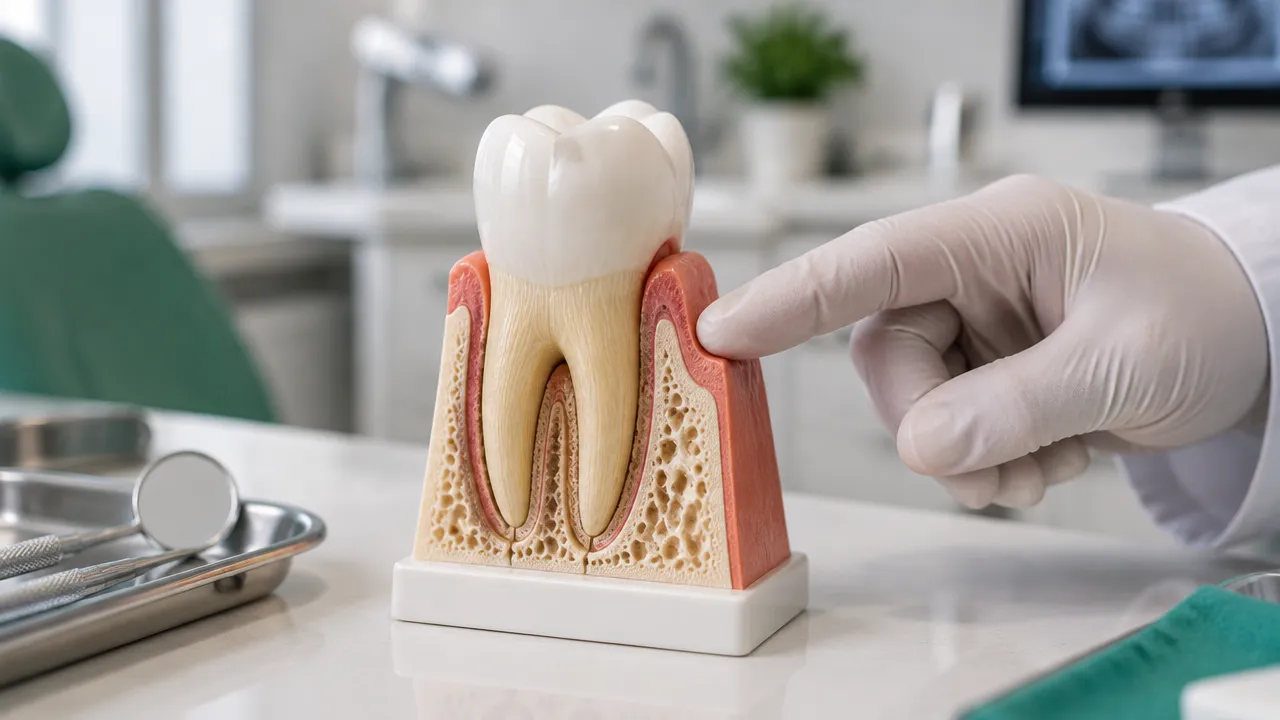 Modelo anatômico mostra a gengiva e os tecidos que sustentam um dente