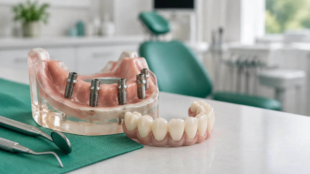 Modelo demonstrativo de prótese protocolo fixa sobre implantes em bancada de consultório odontológico.