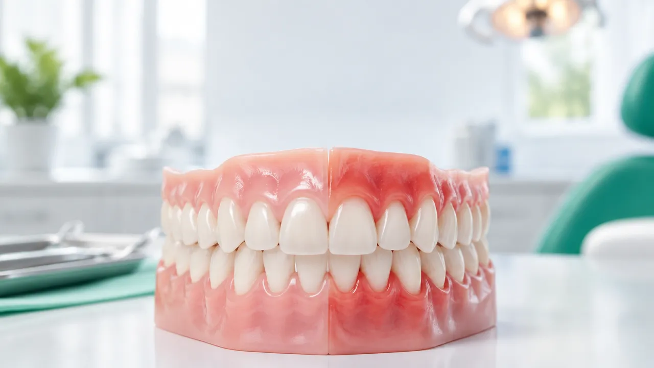 Modelo odontológico mostrando a diferença entre gengiva saudável e gengiva inflamada