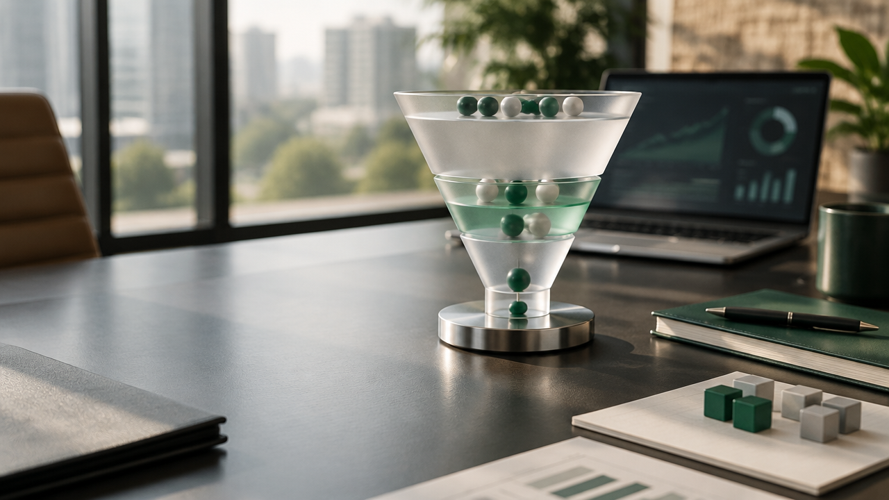 Modelo visual de funil de vendas em uma mesa de estratégia comercial, com etapas de oportunidades e painel de métricas ao fundo.