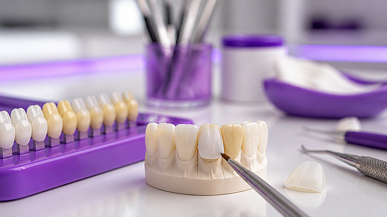 Modelos odontológicos e materiais usados na comparação entre facetas de resina e porcelana