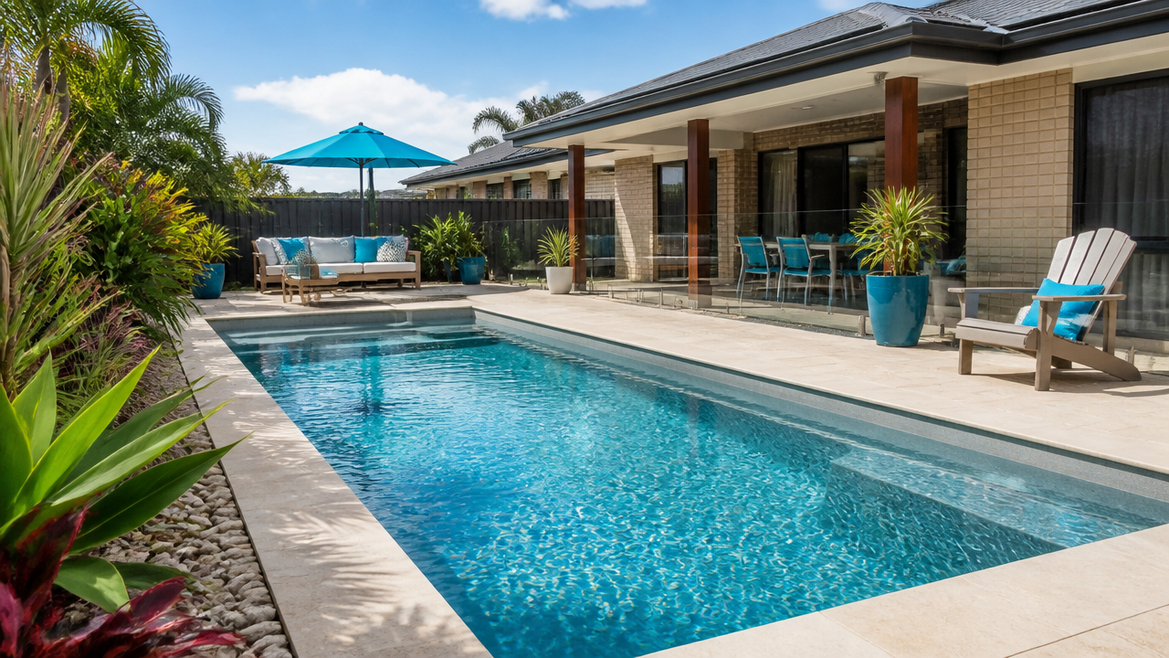 Modern in-ground backyard pool at an Australian family home with paving and landscaped surrounds