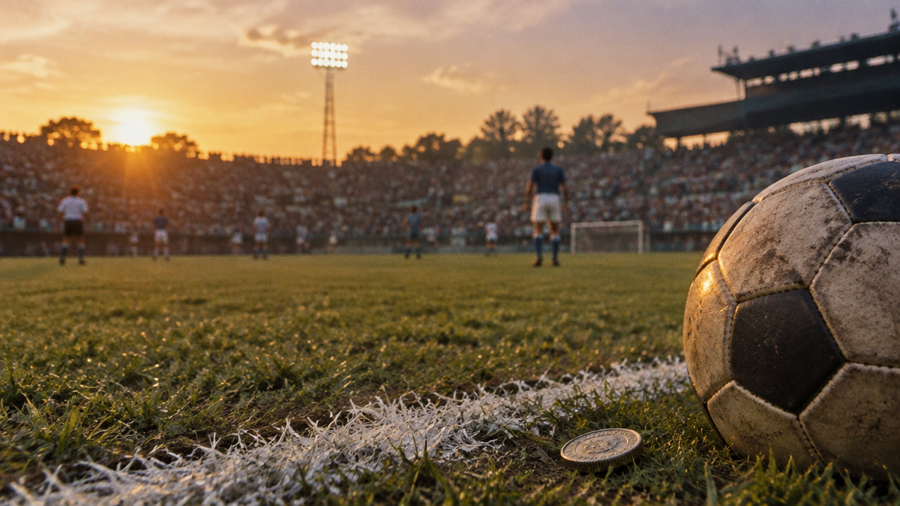 Moeda e bola de futebol diante de um estádio sul-americano em uma recriação de época