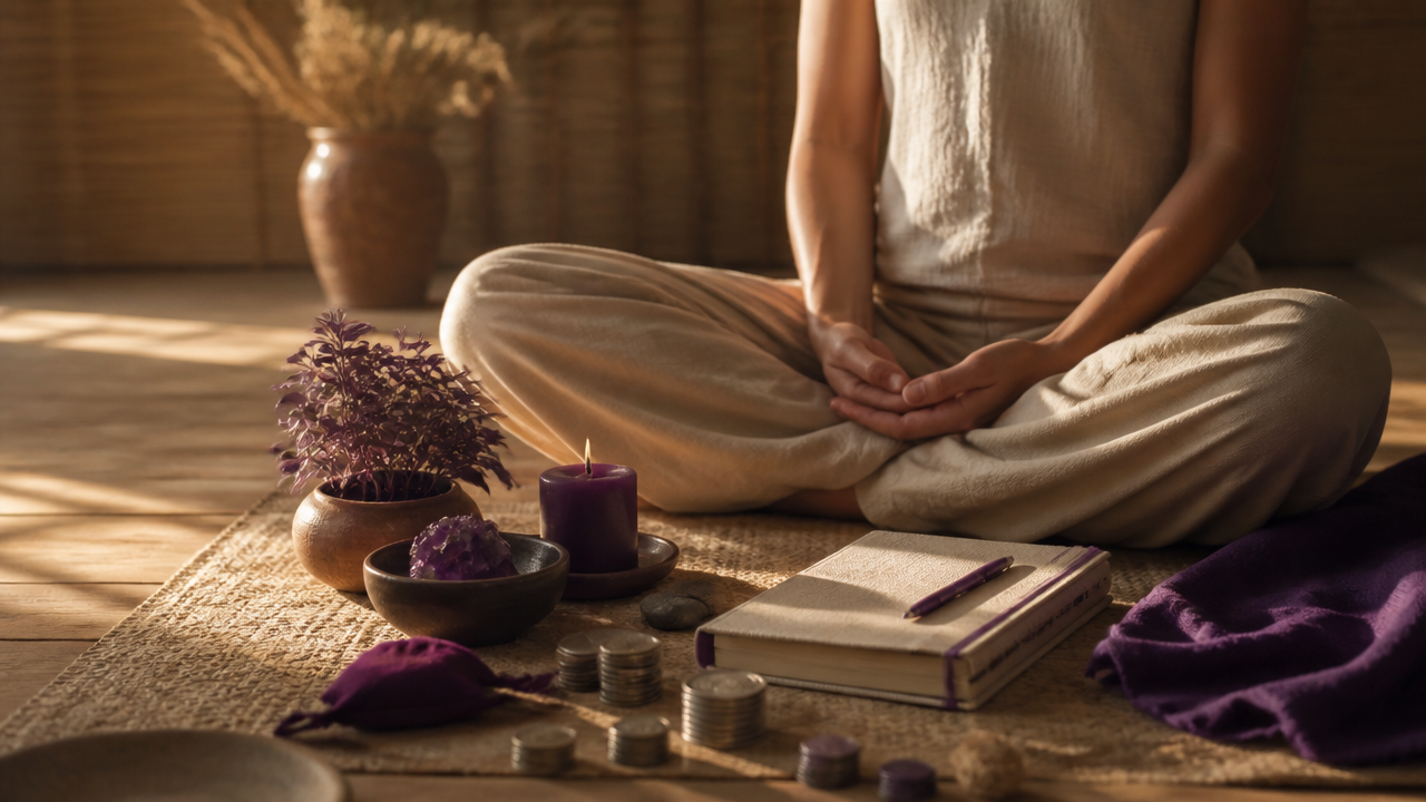Momento de meditação e organização financeira após ritual de prosperidade