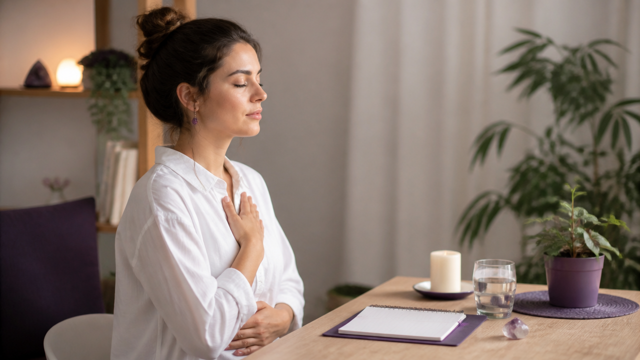 Momento de respiração e preparação espiritual antes do estudo, com caderno, água e cristal sobre a mesa