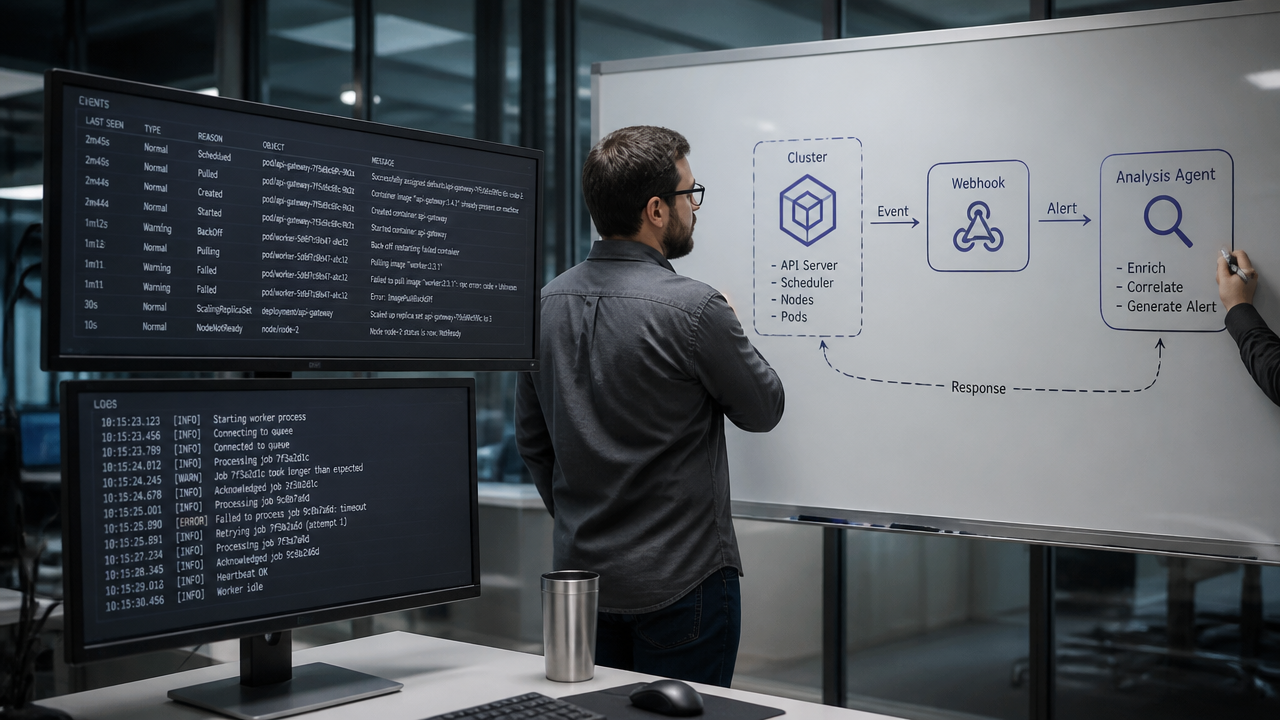 Monitores com eventos de cluster e logs usados na investigação de falhas em Kubernetes.