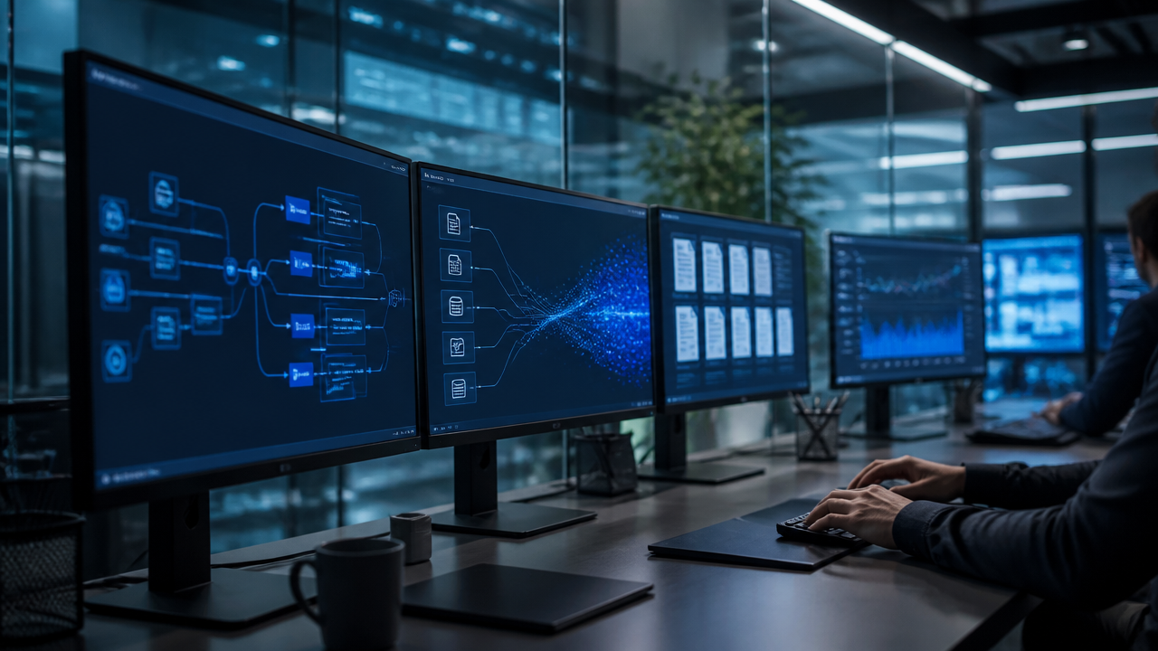 Monitores corporativos exibindo fluxos de processos, integrações e análise de dados com IA
