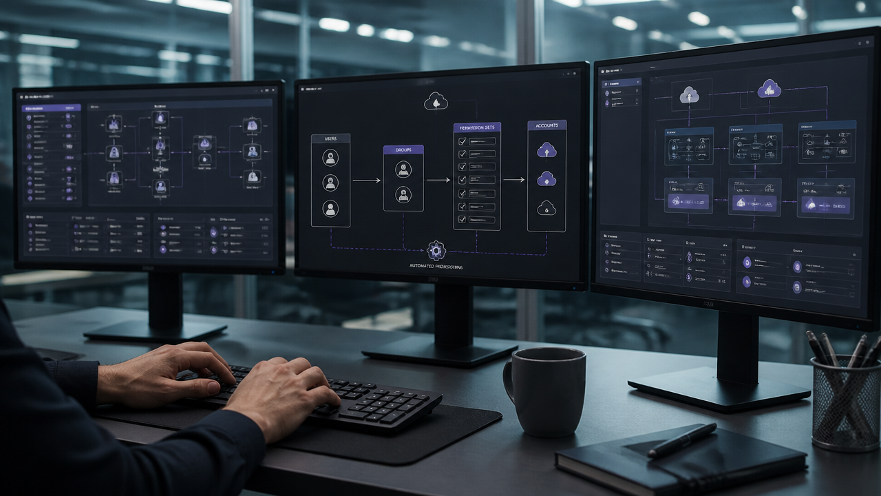Monitores exibindo fluxos de grupos, permissões e provisionamento automatizado em ambiente de cloud