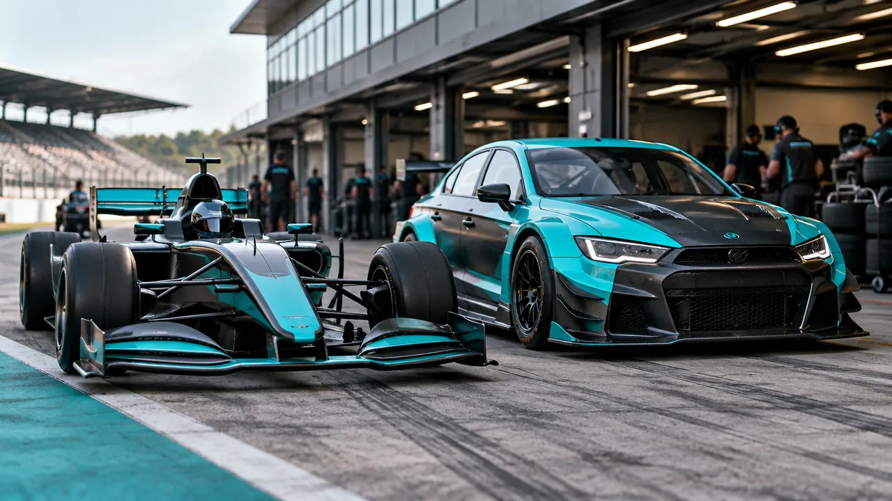 Monoposto e carro fechado de turismo estacionados lado a lado no pit lane