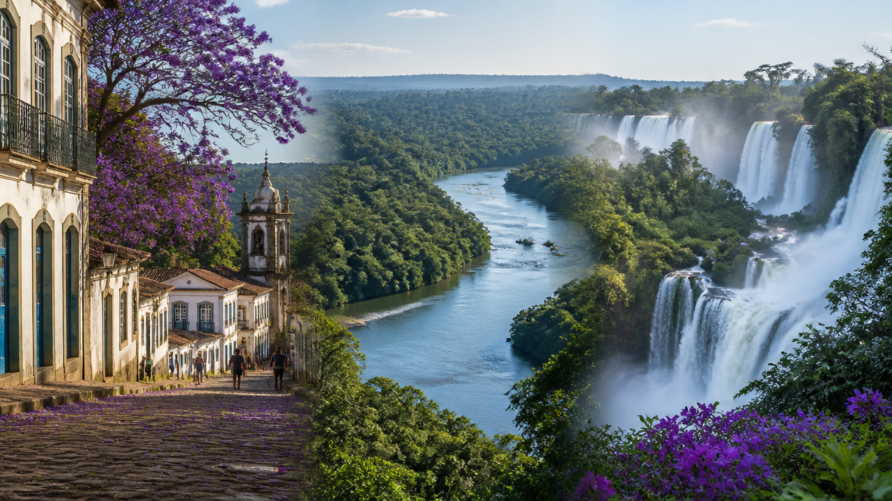 Montagem realista com centro histórico, floresta amazônica e cataratas para ilustrar a diversidade dos estados brasileiros}
