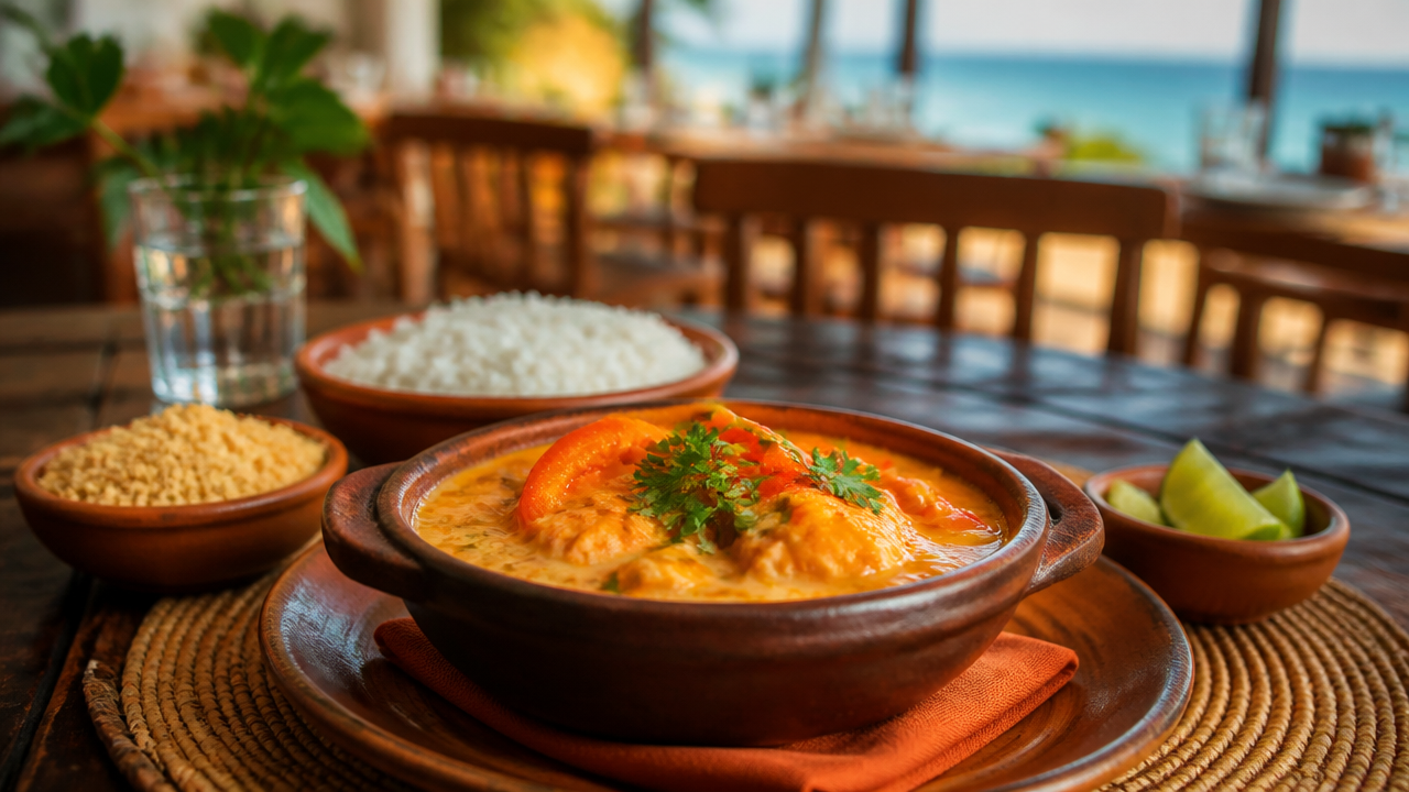 Moqueca baiana servida à mesa em restaurante acolhedor de Ilhéus