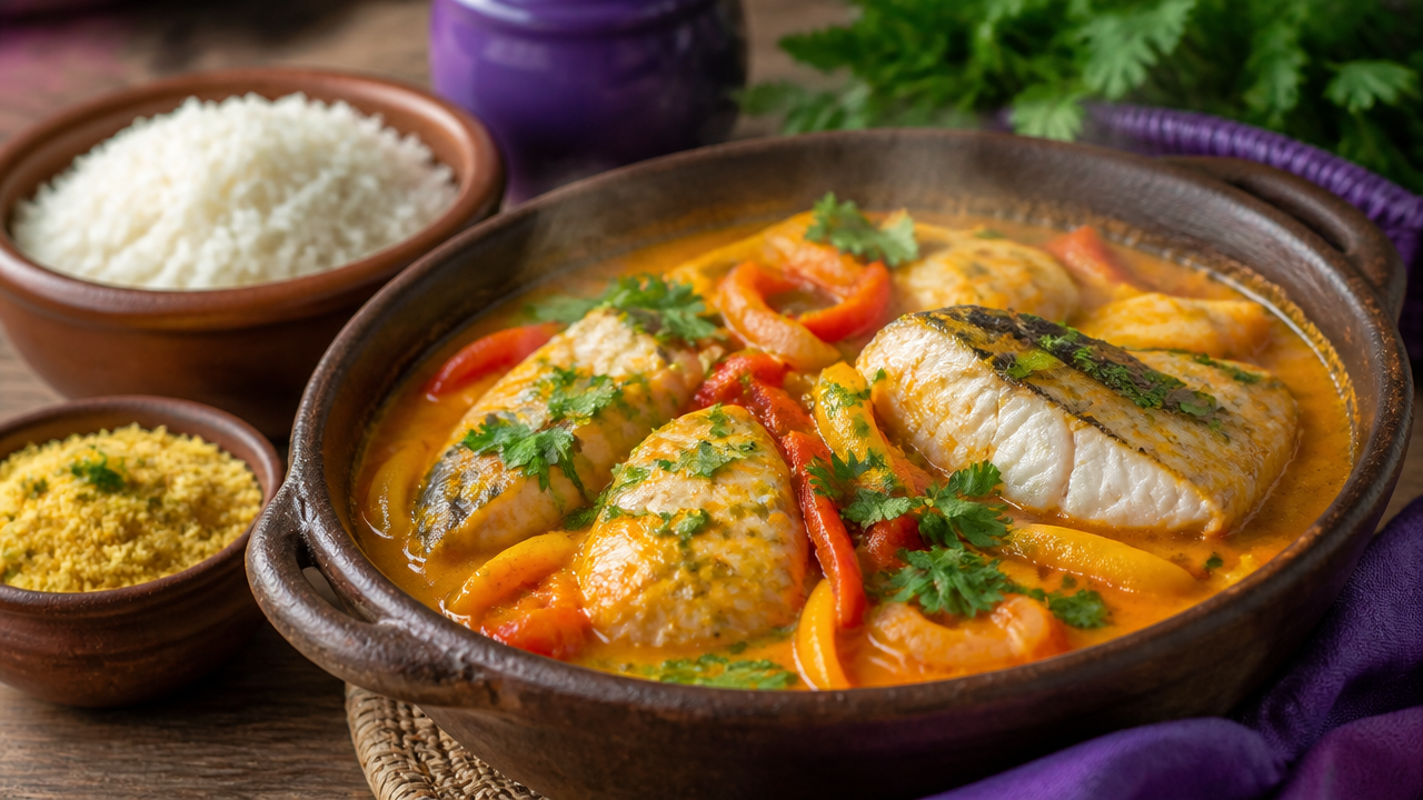 Moqueca servida em panela de barro com arroz e farofa ao lado.