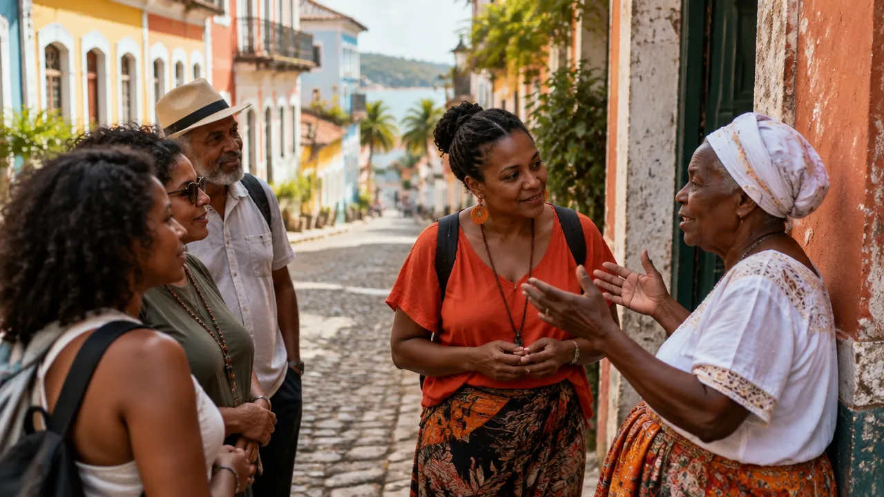Moradora de Ilhéus compartilhando histórias com uma guia local e visitantes durante um passeio cultural