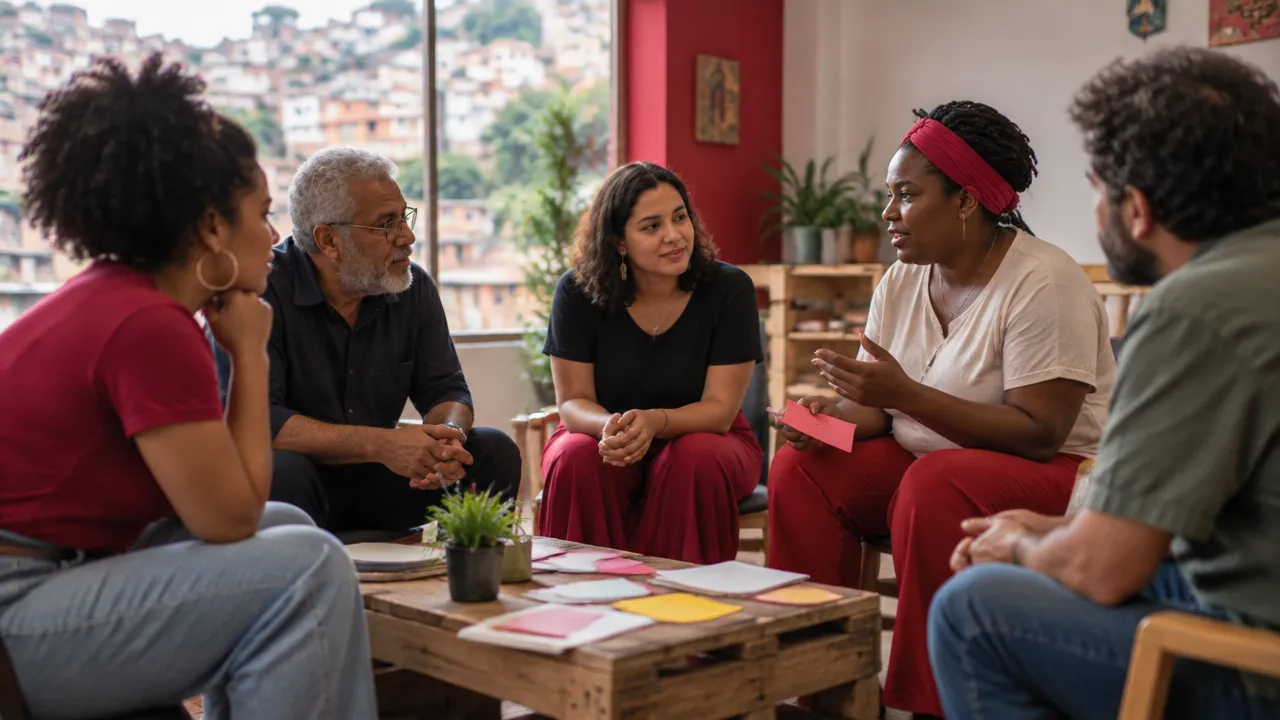 Moradores conversam em círculo durante atividade de psicologia comunitária voltada à cooperação e à transformação social