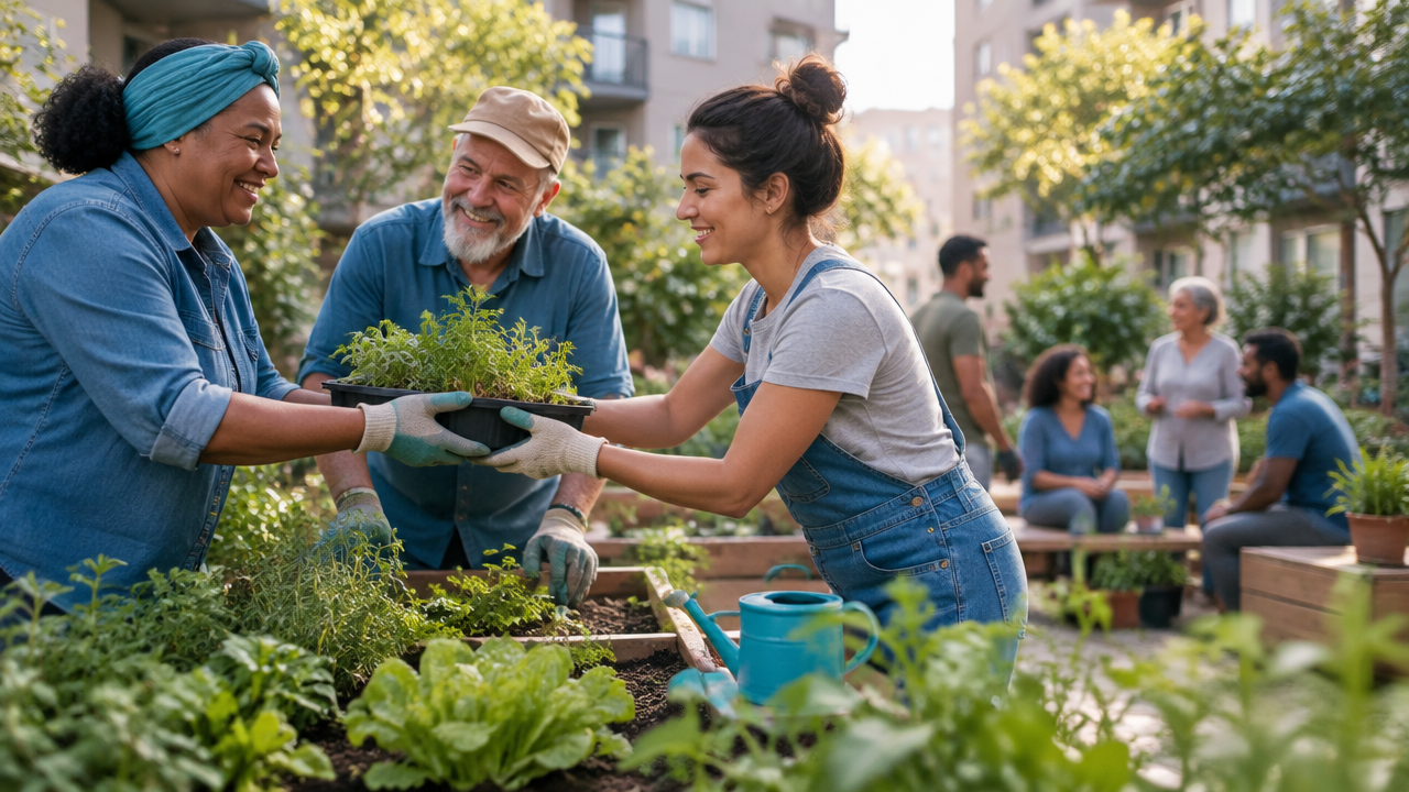 Moradores de diferentes gerações colaboram numa horta comunitária, representando confiança e cooperação social.