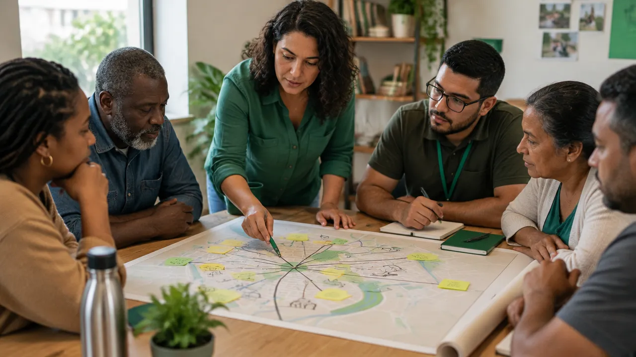 Moradores e equipe de projeto social analisam juntos um mapa comunitário sobre uma mesa.