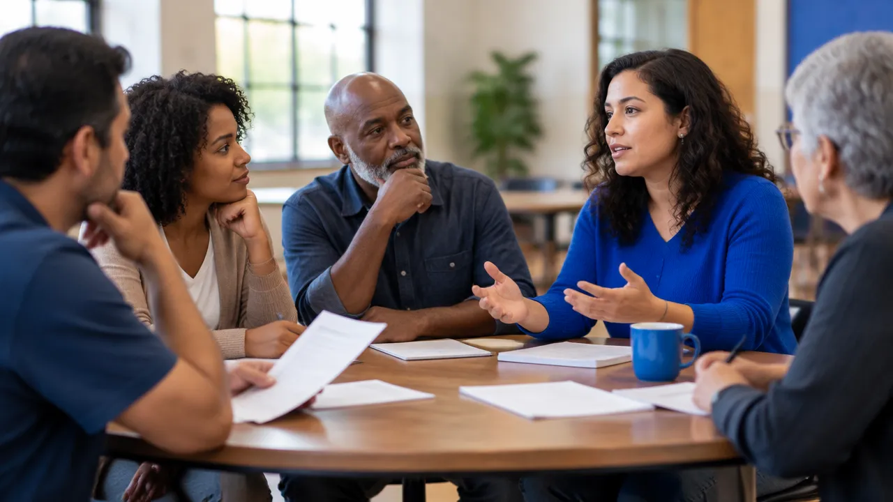 Moradores escutam opiniões diferentes durante uma conversa colaborativa sobre decisões coletivas
