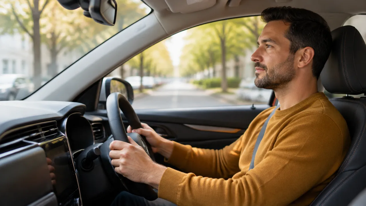 Motorista atento e tranquilo ao volante de um carro parado em local seguro, praticando presença antes de seguir viagem.