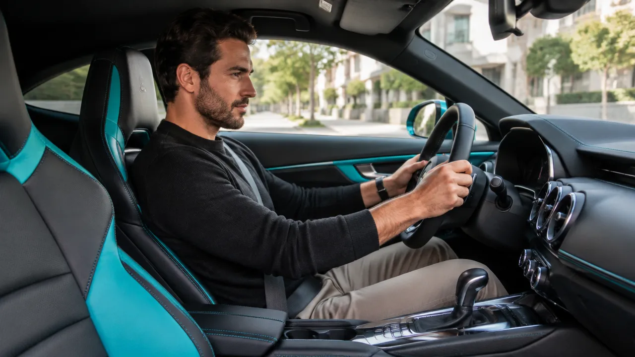 Motorista avalia posição de dirigir e visibilidade durante o test-drive de um carro esportivo