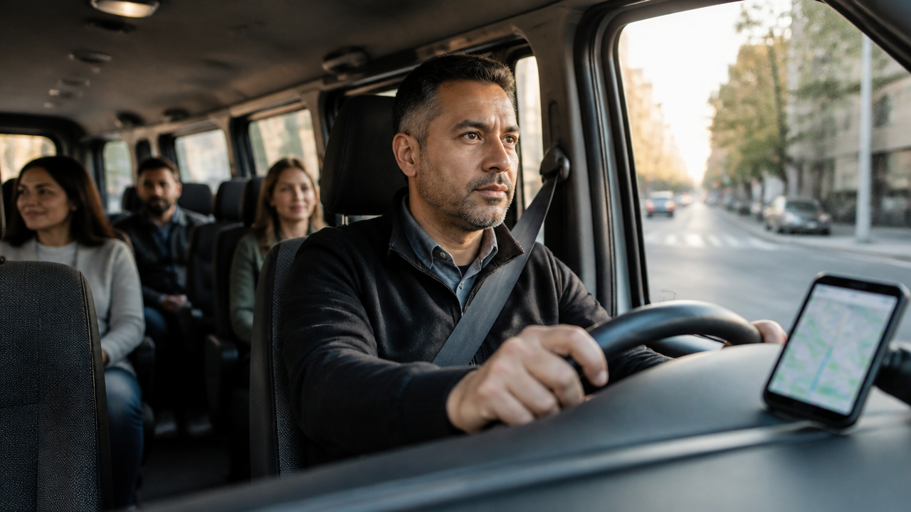 Motorista de van seguindo rota com apoio de monitoramento em tempo real