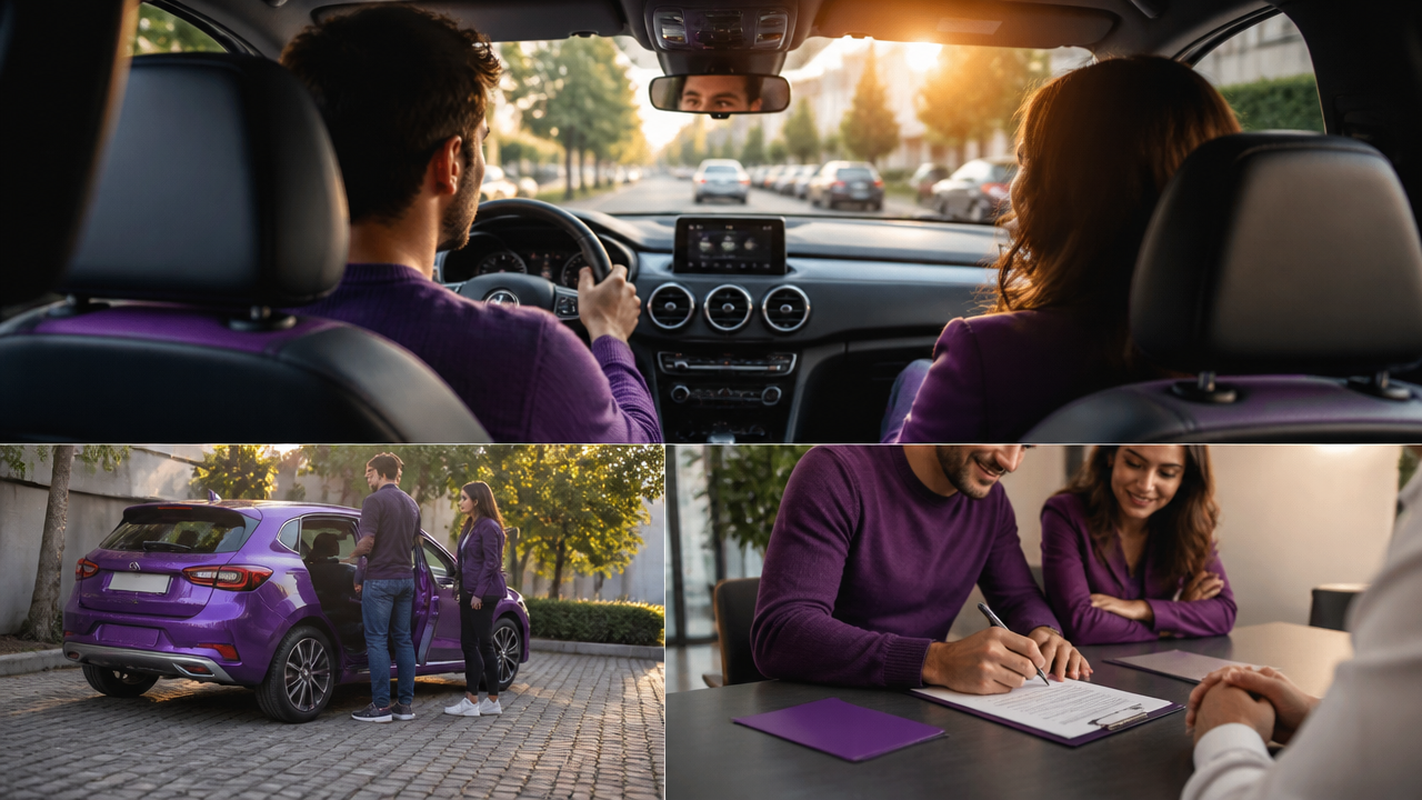 Motorista fazendo test drive em carro usado para avaliar conforto e funcionamento