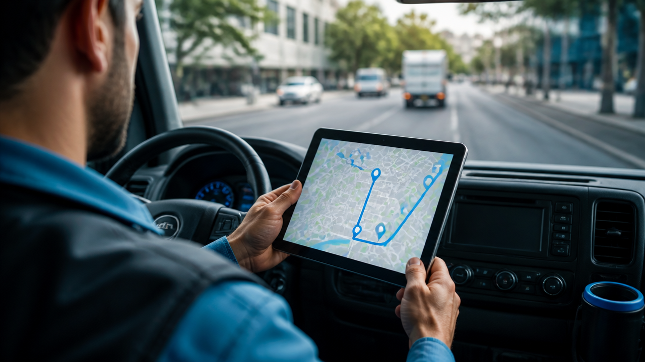Motorista usando dispositivo com rota otimizada em operação de transporte