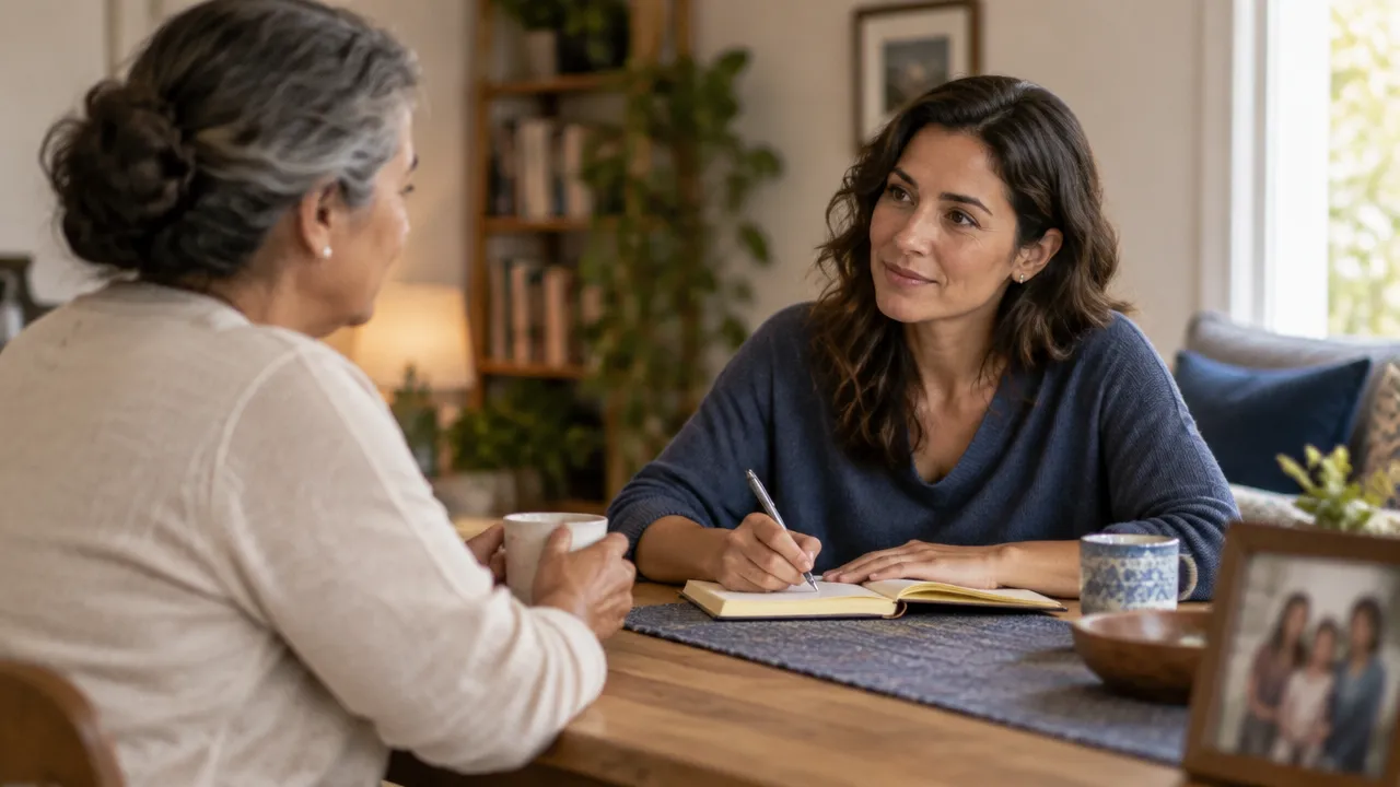 Mujer adulta escribe y conversa con serenidad sobre límites y responsabilidades en su familia