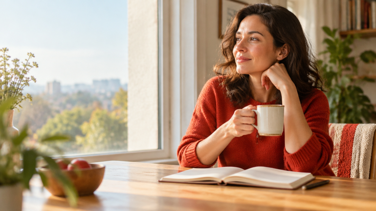 Mujer adulta hace una pausa tranquila junto a una ventana como parte de sus hábitos diarios de bienestar mental.