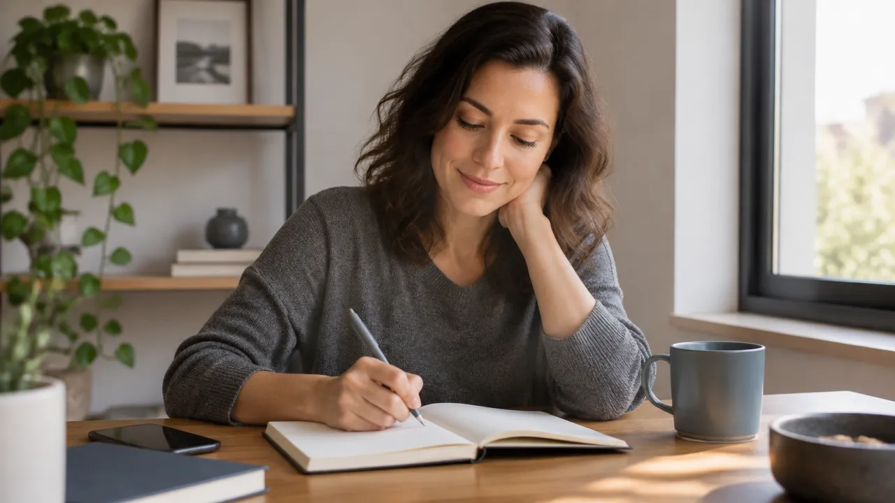 Mujer adulta identifica sus emociones y escribe en un cuaderno durante una pausa tranquila