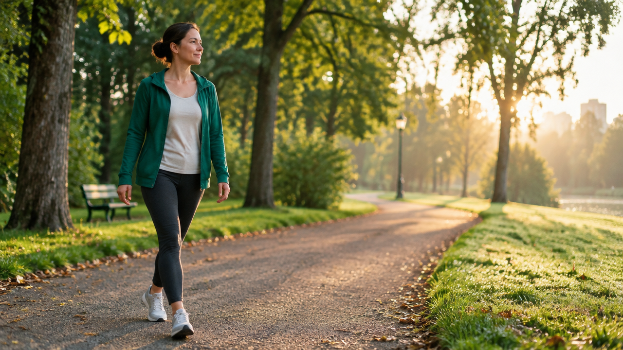 Mujer caminando despacio en un parque, con atención al cuerpo y al entorno durante una pausa consciente.