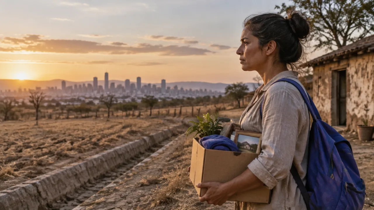 Mujer desplazada por la sequía sostiene recuerdos de su hogar mientras contempla un nuevo destino urbano