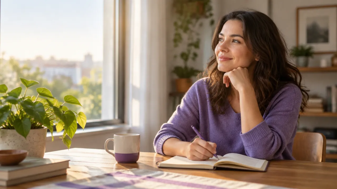 Mujer escribe en un cuaderno junto a una ventana, practicando una pausa reflexiva en su rutina diaria.