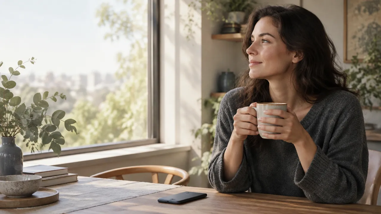 Mujer hace una pausa consciente junto a una ventana, con el teléfono apartado.