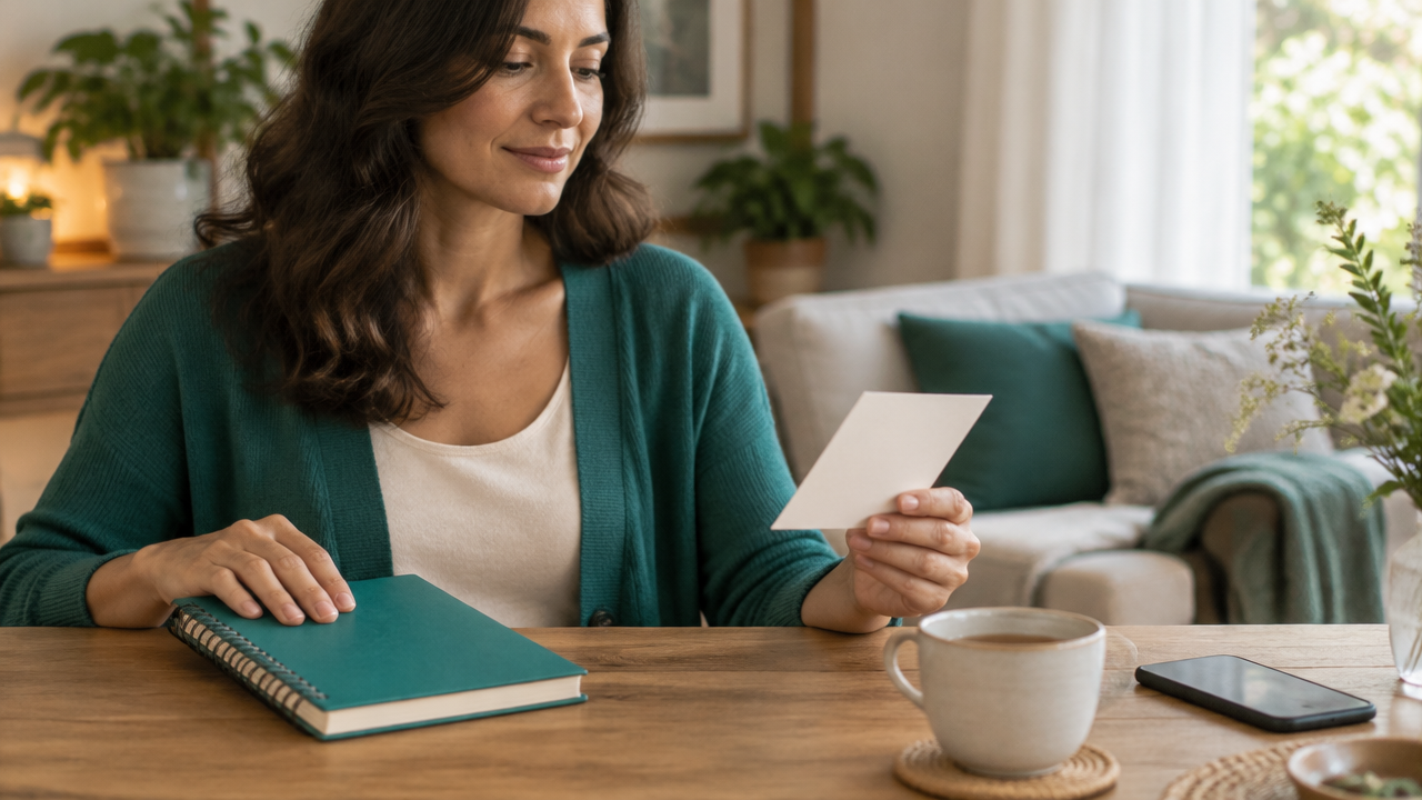 Mujer hace una pausa para reflexionar y elegir una respuesta consciente en su cuaderno.