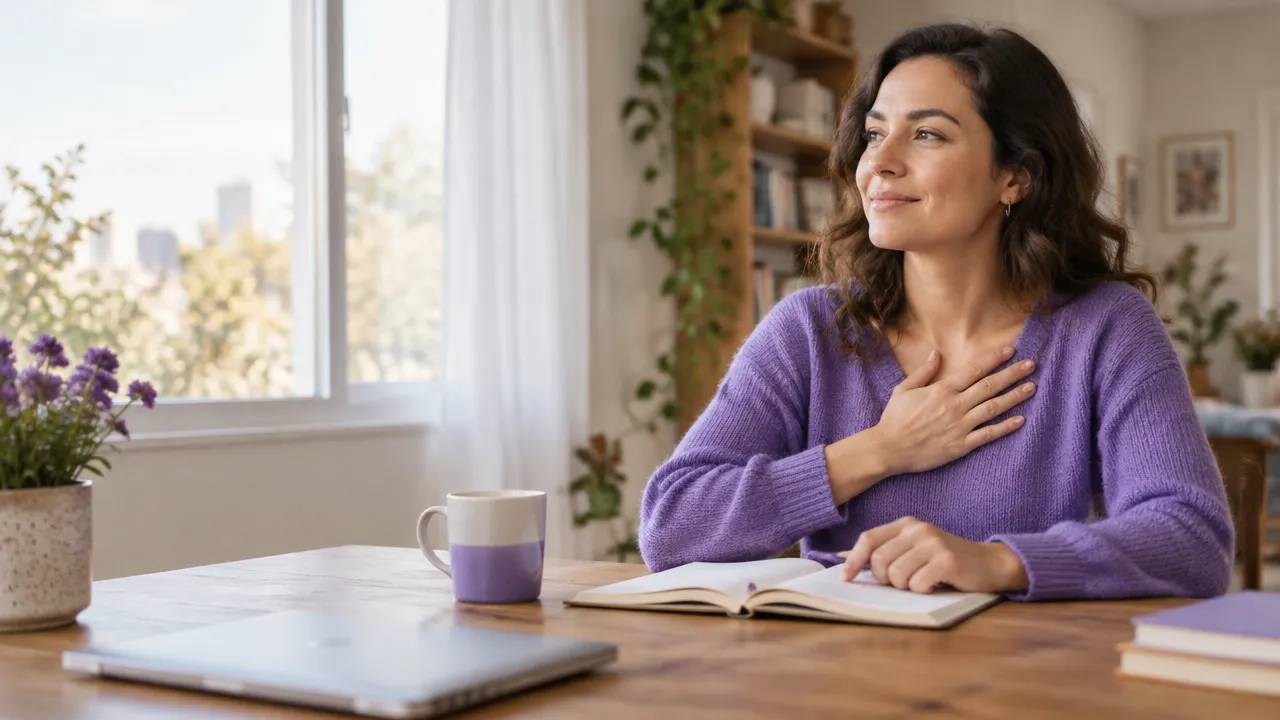 Mujer haciendo una pausa consciente junto a su agenda para organizar su día y atender sus emociones