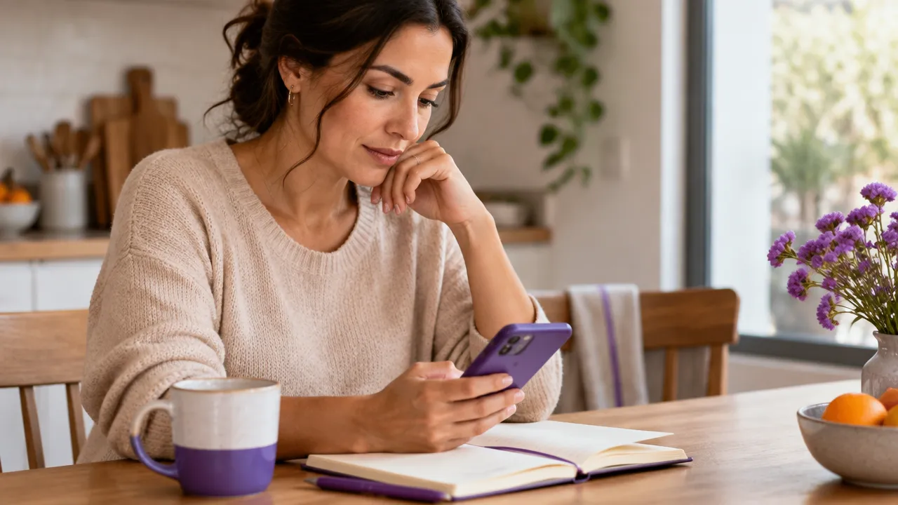 Mujer haciendo una pausa para revisar sus motivos antes de responder un mensaje y elegir