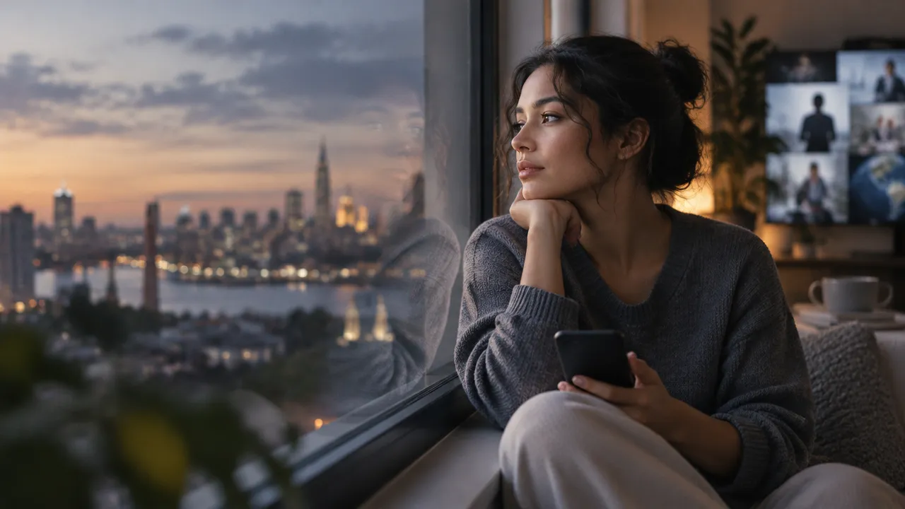 Mujer joven reflexiona junto a una ventana sobre su identidad y las narrativas globales que recibe en el teléfono.