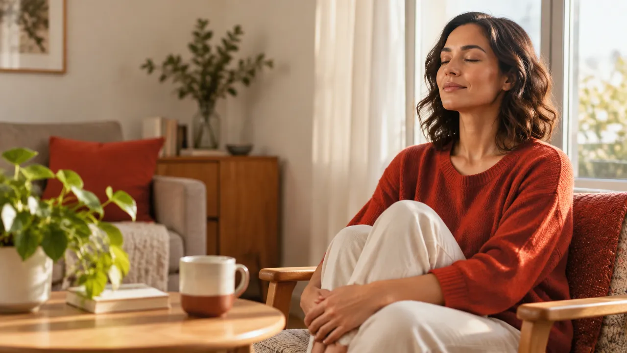 Mujer practicando atención plena en casa junto a una ventana con luz natural