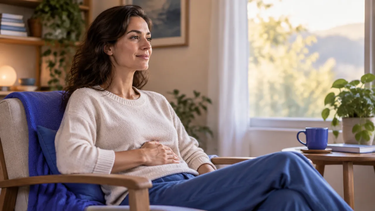 Mujer practicando una pausa consciente y respiración pausada para regular una emoción intensa