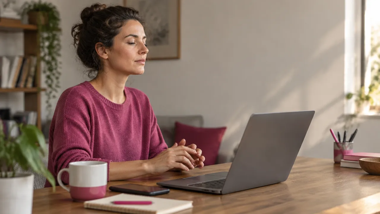 Mujer que detiene sus manos antes de responder un mensaje para hacer una pausa consciente