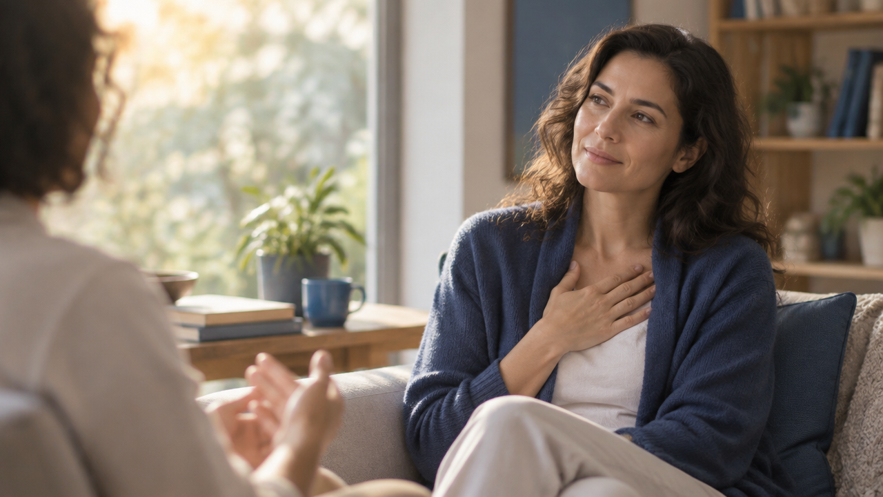 Mujer que hace una pausa consciente para reconocer sus emociones en una conversación cotidiana