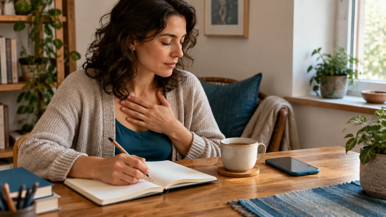 Mujer que hace una pausa para observar sus emociones y escribir antes de responder
