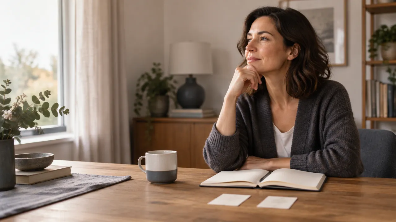 Mujer que hace una pausa reflexiva ante una decisión cotidiana, con un cuaderno abierto junto a la ventana