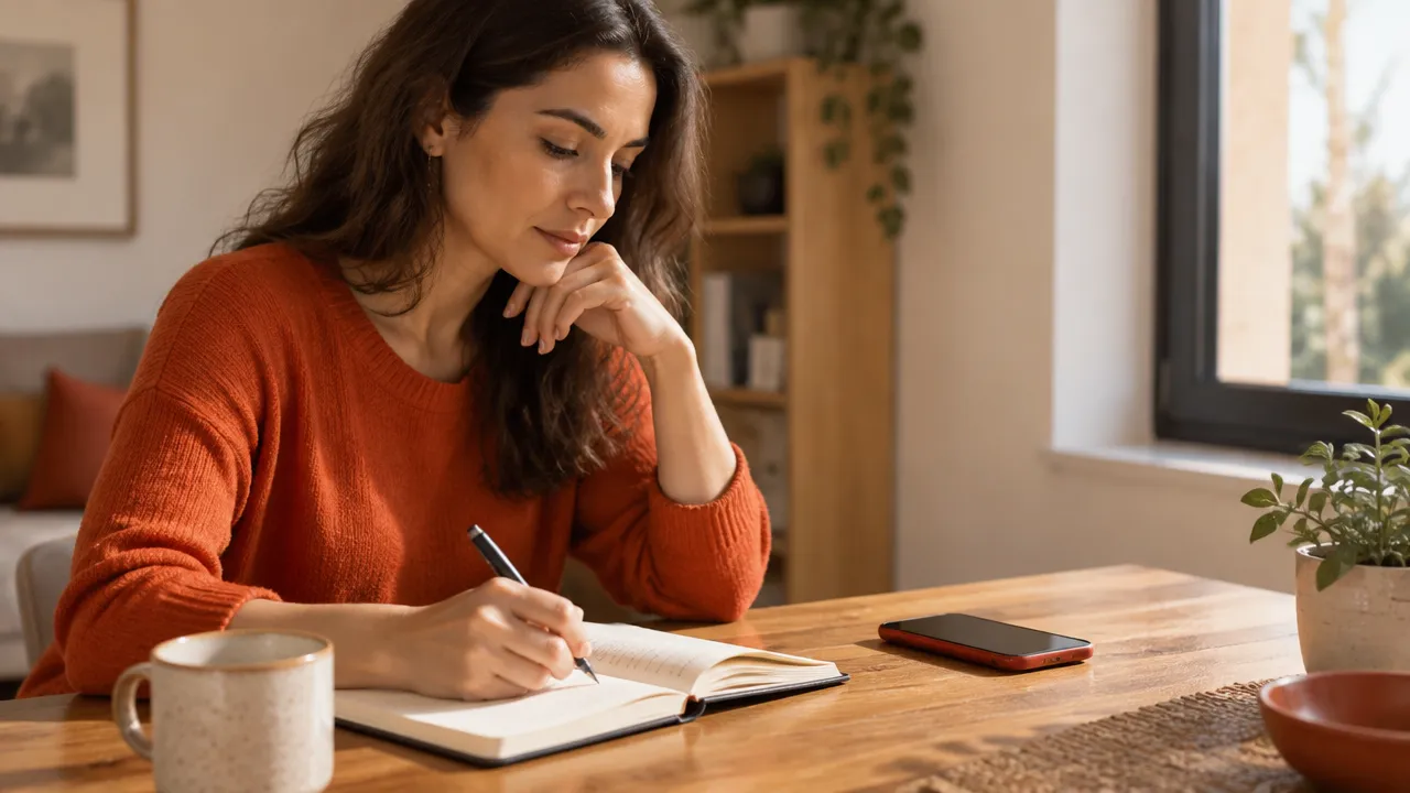 Mujer que hace una pausa y escribe lo que siente antes de responder un mensaje