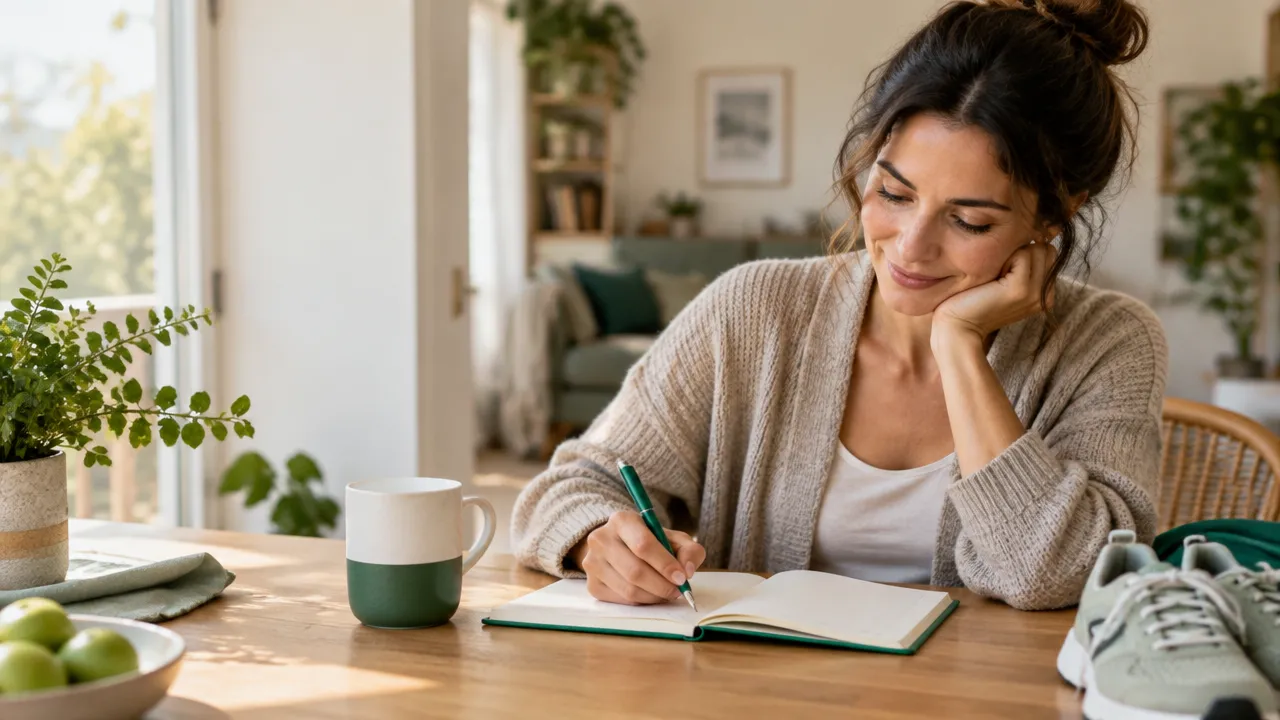 Mujer que planifica con calma un pequeño hábito diario en un cuaderno, símbolo de disciplina compasiva.
