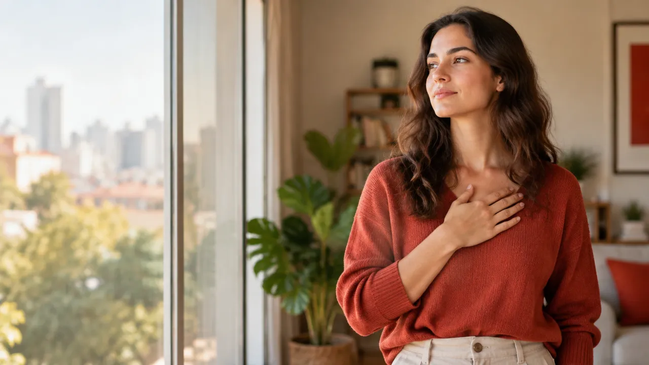 Mujer reflexiona junto a una ventana y conecta con una valoración propia más serena.